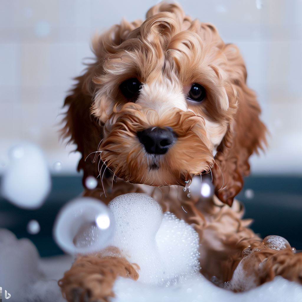 Best Puppy Shampoo - cavapoo puppy having a bath and playing with lots of bubbles